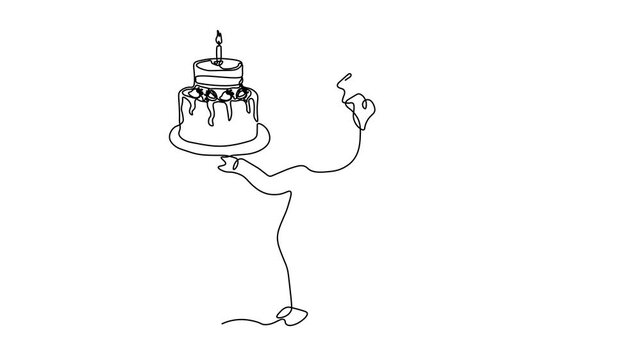 Abstract Chef pig stands with tray and birthday cake with candle, cook with platter, Self drawing animation one continuous line draw, logo on white background