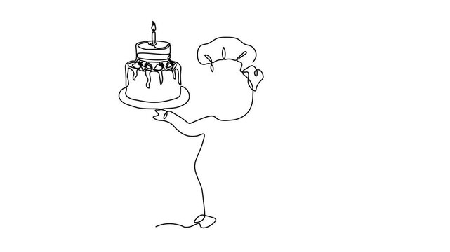 Abstract Chef pig stands with tray and birthday cake with candle, cook with platter, Self drawing animation one continuous line draw, logo on white background