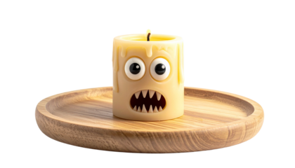 Scared Cartoon Candle with Glowing Eyes on Wooden Plate isolated on solid white background1