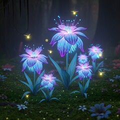 Magical Bioluminescent Blue Flowers in Dark Enchanted Forest
