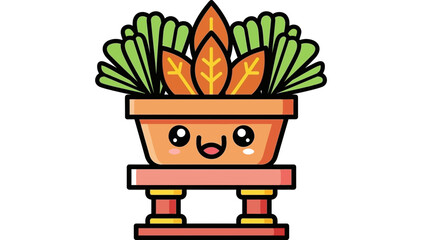 A cartoon potted plant with a smiling face on a small table indoors