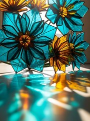 Stained Glass Teal and Amber Flowers Casting Colorful Shadows