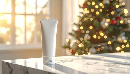 Fototapeta premium White tube on marble near Christmas tree, sunlit window in background