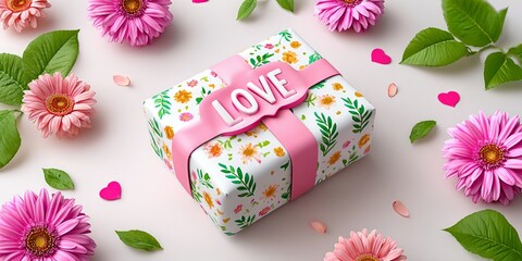 Beautiful Floral Wrapped Present with Love Accents Surrounded by Pink Flowers