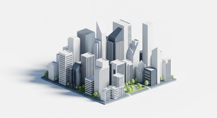 Naklejka premium Minimalist 3D Isometric City Model in Monochrome White and Grey