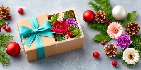 Elegant Gift Box with Flowers and Seasonal Decorations on Textured Surface