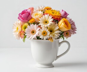 imagen de alta calidad de una taza llena de flores coloridas