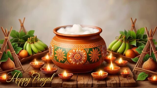 Traditional pongal pot overflowing with sweet rice for the harvest festival celebration