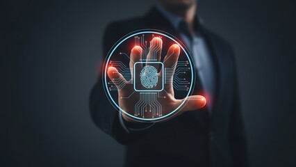 Digital security concept a man interacting with a biometric hand scan