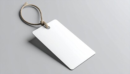 Blank white tag w/ string, angled on pale gray surface, soft shadow below
