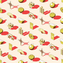 Seamless pattern of gold isometric Lunar new year icons with red shadow