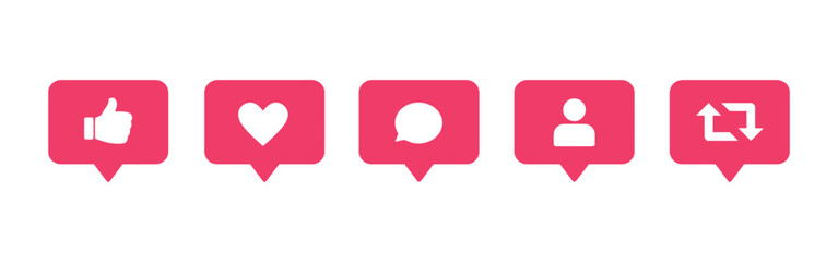 Set of Social Media Vector Icons Like Heart Comment Follow User Retweet Isolated on White Background Minimalist Style Notification Symbol