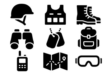 Set of Soldier Equipment Outline Icon Vector Illustration
