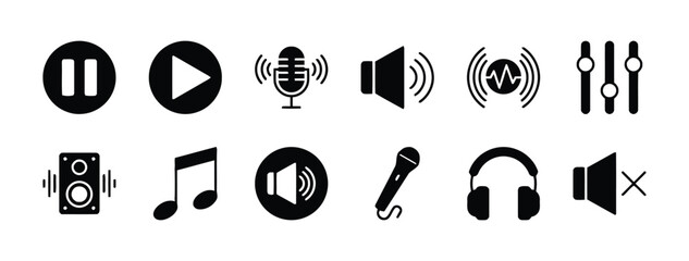 Set of sound control icon vector with play button symbol graphic design