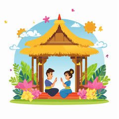 Couple in Thai Gazebo Romantic Garden Scene nyepi day.