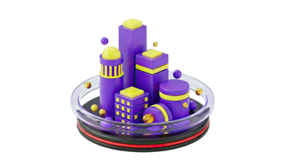 Abstract 3D Cityscape with Purple and Yellow Geometric Shapes