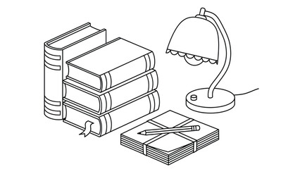 A stack of books with a desk lamp and notebook on a table