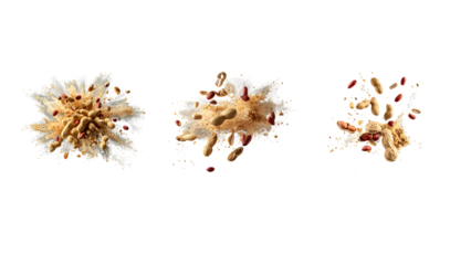 Peanuts in a dynamic, exploding composition. Peanuts, shells, and crumbs are disperse