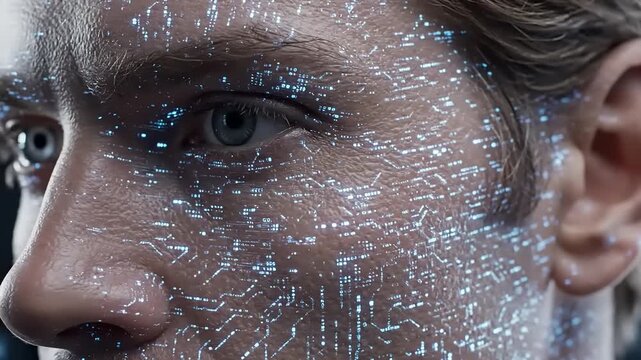 Close-up of a human face with digital circuitry patterns, symbolizing technology and innovation