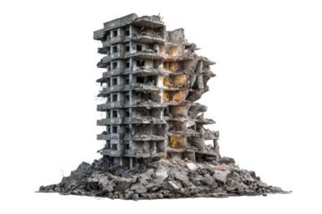 Collapsed Concrete Rise Building Ruins in Monochrome Grayscale Detail destruction