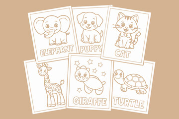 A set of children's coloring pages featuring various cute animals