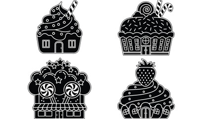 A black and white illustration of four candy houses with sweet treats on top