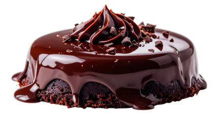 Decadent chocolate dessert with glossy melted chocolate, rich dark tones, smooth texture, macro food photography style, soft highlights, isolated on transparent background.