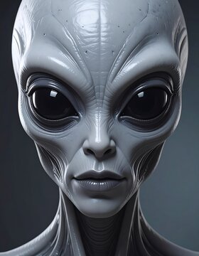 A close-up portrait of a gray humanoid extraterrestrial face