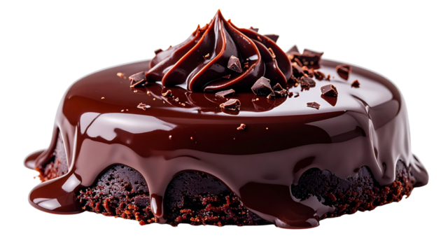 Decadent chocolate dessert with glossy melted chocolate, rich dark tones, smooth texture, macro food photography style, soft highlights, isolated on transparent background. - Powered by Adobe