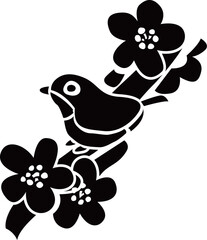 梅の花と枝にメジロやウグイスがいるシルエットベクターイラスト
