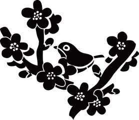 梅の花と枝にメジロやウグイスがいるシルエットベクターイラスト