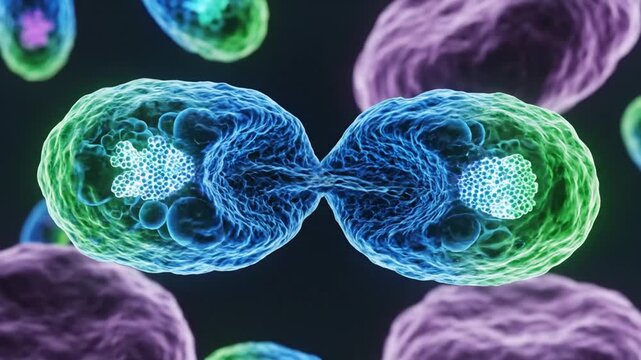 Microscopic view of a colorful cell nucleus with vesicles and organelles