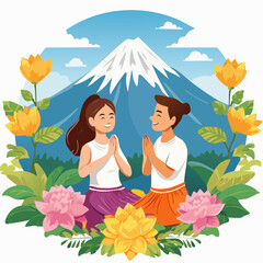 Couple Praying Together in Lotus Position with Snow Mountain nyepi day.