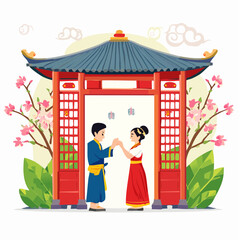 Asian Couple Under Traditional Gate Love Wedding nyepi day.