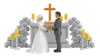 Wedding Ceremony Figurines with Altar, Cross, Candles, and Roses