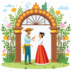Mexican couple dancing under decorated archway nyepi day.