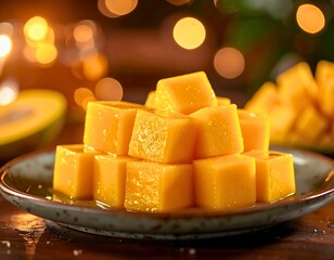 Sweet Mango Pieces On Dark Plate

