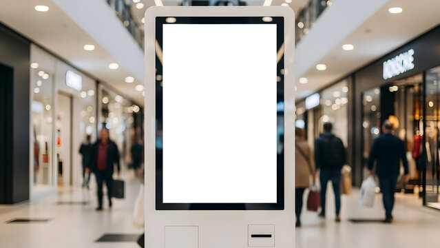 Blank digital advertising screen in modern shopping mall. Vertical billboard mockup with white empty display in retail environment, blurred people