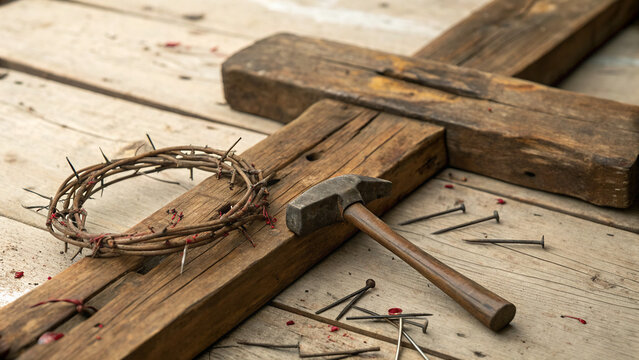 Wooden cross with hammer and crown of thorns on wooden surface during a historical or religious representation of crucifixion