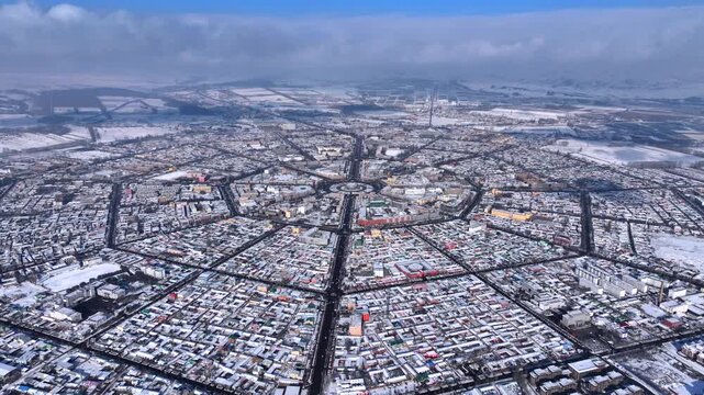 Tekes Xinjiang Bagua City Aerial View After Snowfall