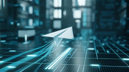 Digital Communication Concept Paper Airplane Flying Over Futuristic Grid - Powered by Adobe
