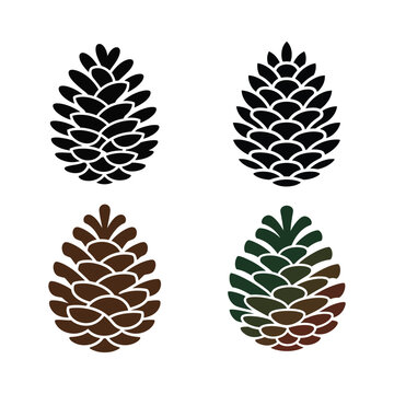 Pine cone silhouette set with black and natural color variations vector illustration. Stylized pine cone silhouette vector set featuring black and earthy color variations in a clean flat design.