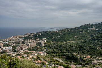 Fototapeta premium Aerial view Mountain Viewpoint of Bastia in the north of Corsica island - Genoese city overlooking the Mediterranean Sea