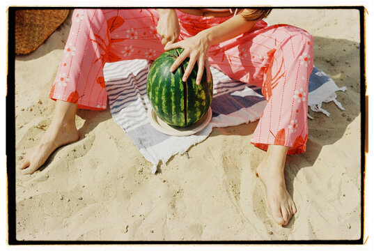 Enjoying fresh watermelon on a sunny day