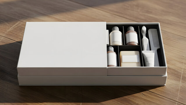 Minimalist white travel amenities kit with blank labels. Customizable hotel toiletries and personal care set on wooden floor.