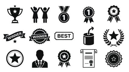 A collection of black and white icons representing awards and achievements