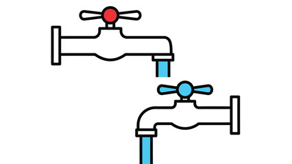 An illustration of two faucets with red and blue handles on a white background