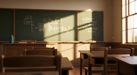 A quiet and empty classroom with desks and chairs in a school