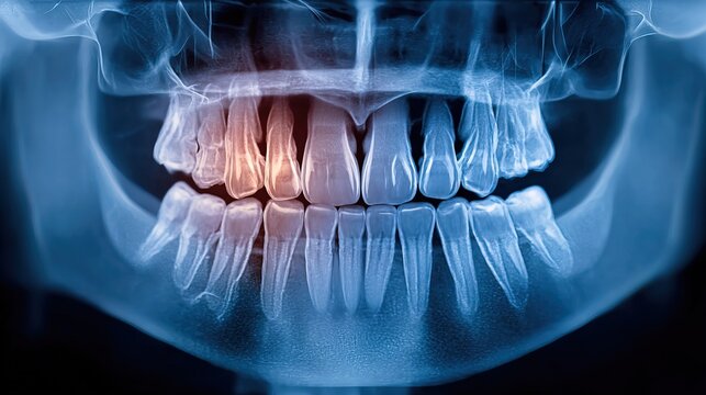 Detailed X-Ray Scan of Human Teeth and Jaw for Dental Examination