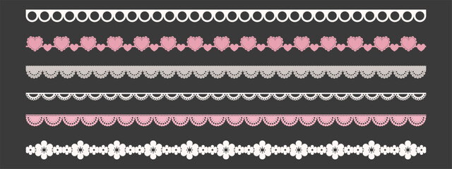 Delicate lace borders with scalloped edges and heart patterns on dark background. Valentine's Day decorative lace trim strips in pink and red tones for romantic design projects.
